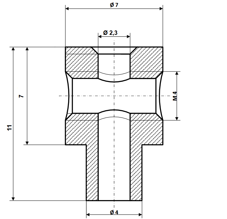 Alésage du raccord fileté Ø 2,3 mm, tige Ø 4 mm, laiton nickelé