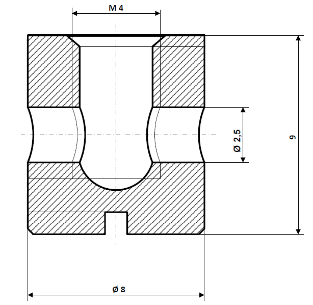 Skruvnippelhål Ø 2,5 mm, axel Ø 8 mm, förnicklad mässing