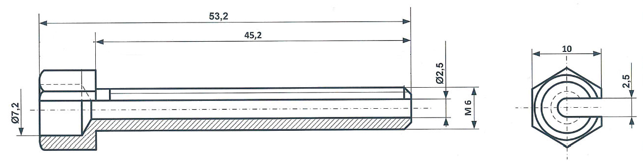 Śruba regulacyjna z rowkiem M 6 x 53, mosiądz niklowany