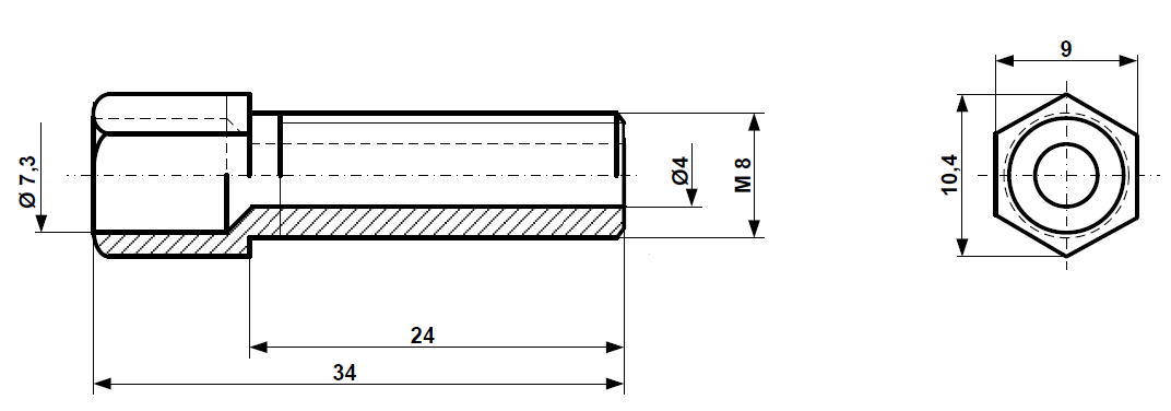 Adjusting screw M 8 x 34 nickel-plated brass