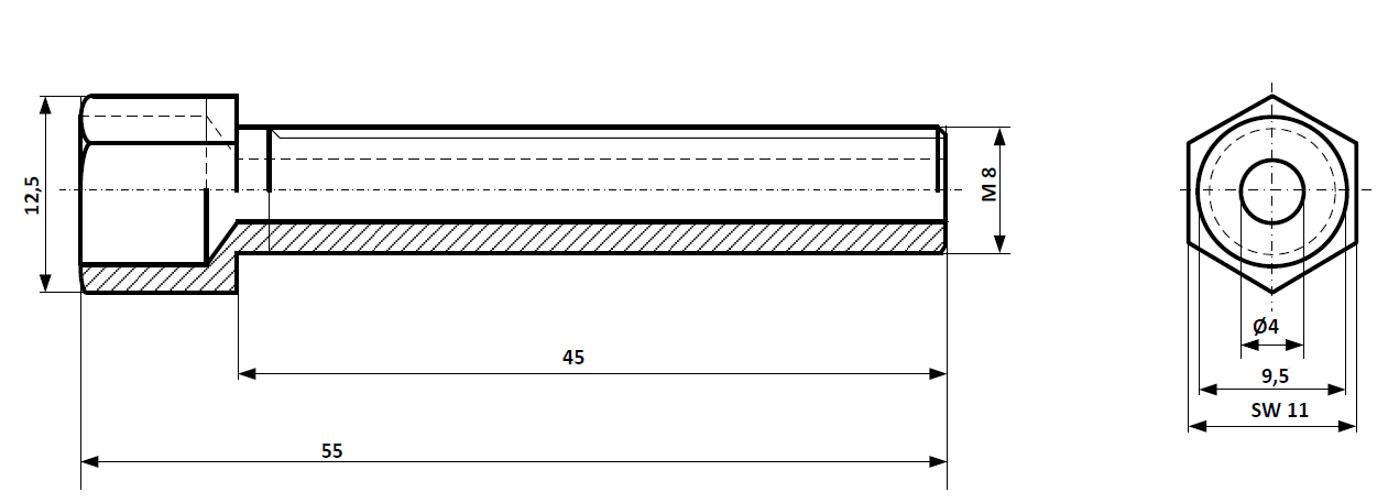 Adjusting screw M 8 x 55 nickel-plated brass