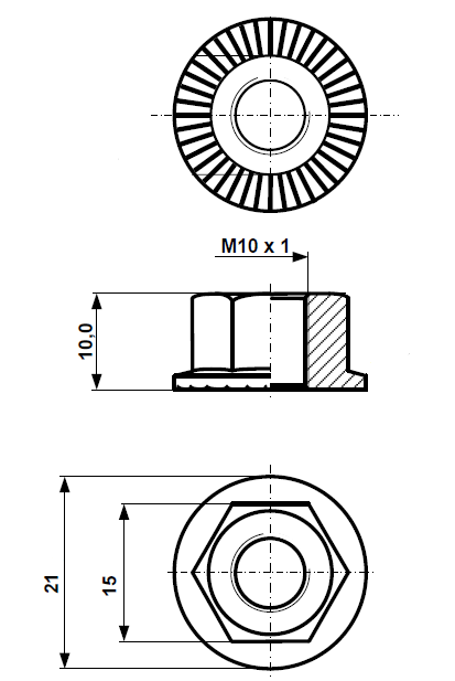 Flange nuts for circuits M 10 x 1, galvanized steel