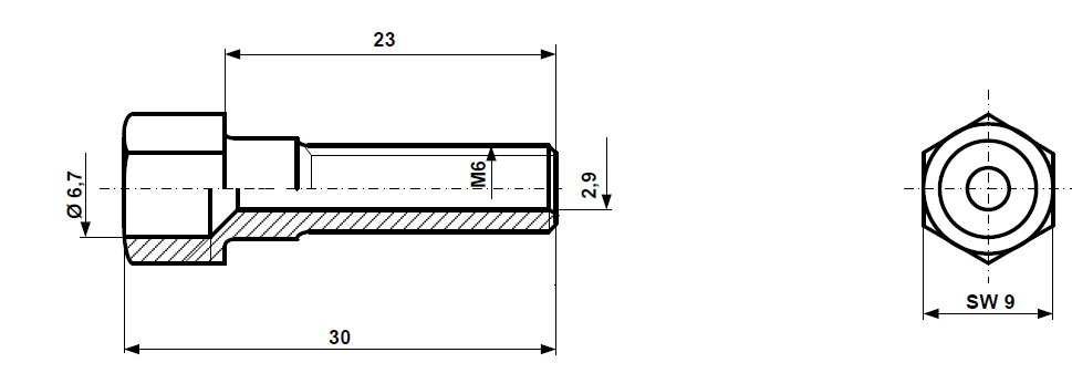 Śruba regulacyjna M 6 x 30, mosiądz niklowany