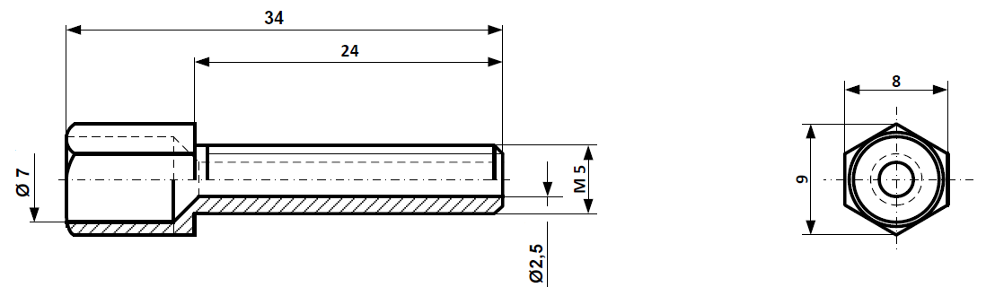 Adjusting screw M 5 x 34 nickel-plated brass