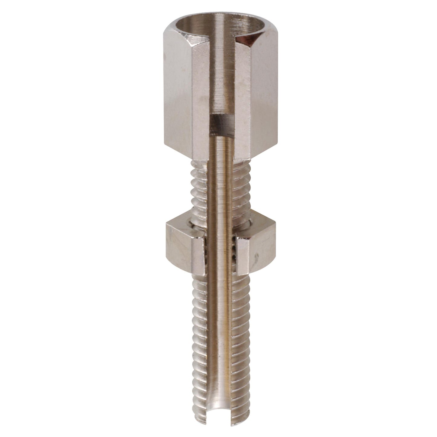 Set screws, slotted, mounted with slotted nut M 5 x 34 nickel-plated brass