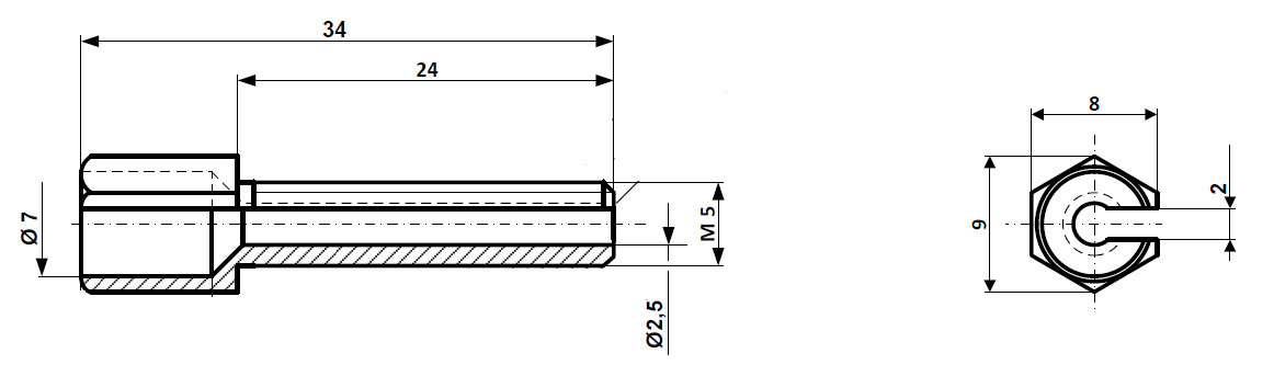 Stelschroef met gleuf M 5 x 34, messing vernikkeld